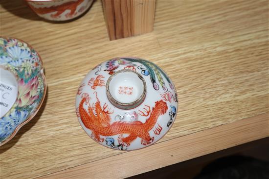 A Chinese dragon lidded tea bowl, a vase with metal cover and a stand